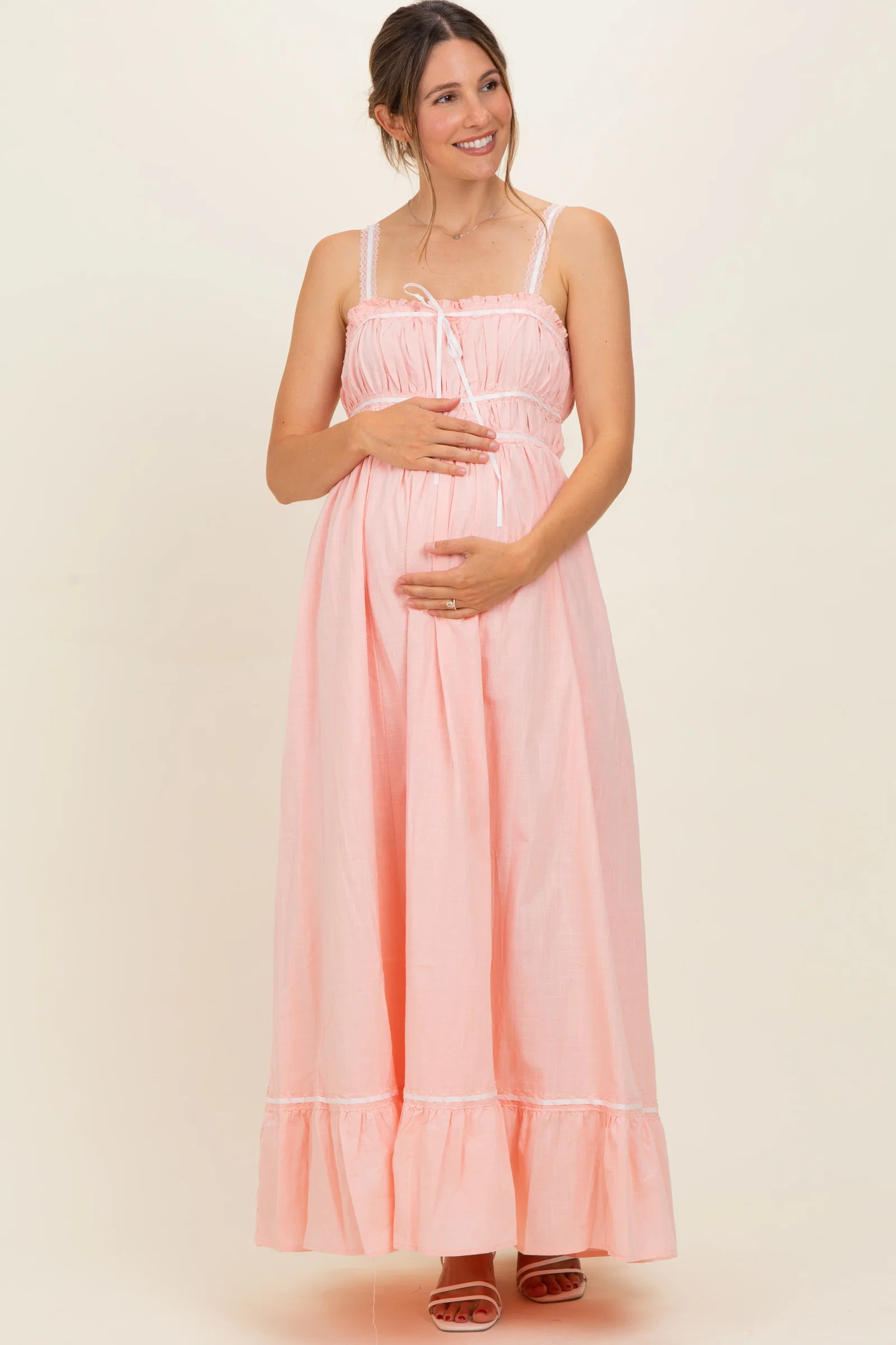 Image of Soft Pink Lace Ribbon Detail Maternity Maxi Dress