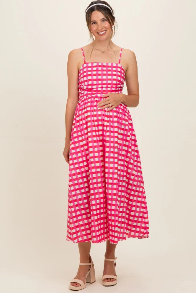 Image of Hot Pink Gingham Maternity Midi Dress