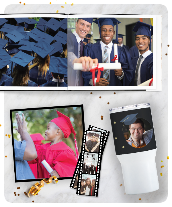 A layflat photo book, travel tumbler with pictures from graduation day. 