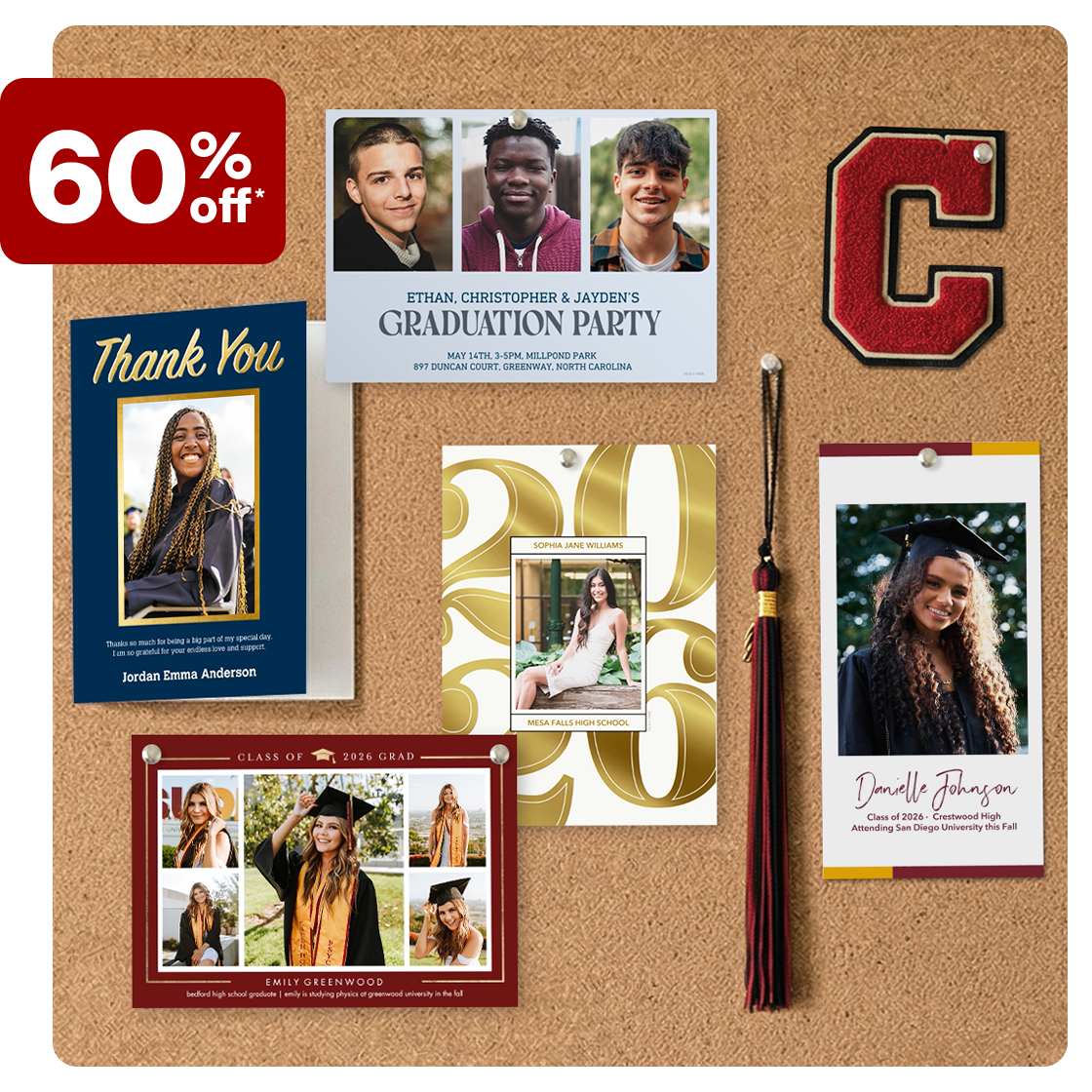 A cork board features five premium graduation announcement cards, which are on offer for 60% off, in different styles. A graduation-hat tassel and a letter C from a letterman jacket are also pinned to the board.
