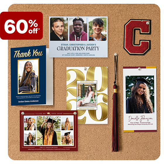 A cork board features five premium graduation announcement cards, which are on offer for 60% off, in different styles. A graduation-hat tassel and a letter C from a letterman jacket are also pinned to the board.