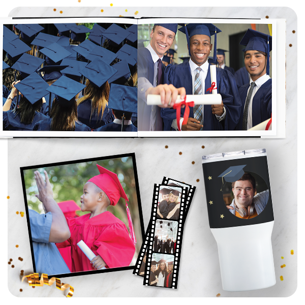 A layflat photo book, travel tumbler with pictures from graduation day. 