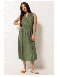 M&Co Petite Khaki Green Broderie Sleeveless Cotton Midi Dress