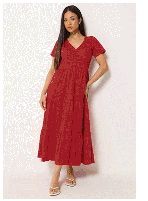 M&Co Petite Red Notch Neck Tiered Cotton Maxi Dress