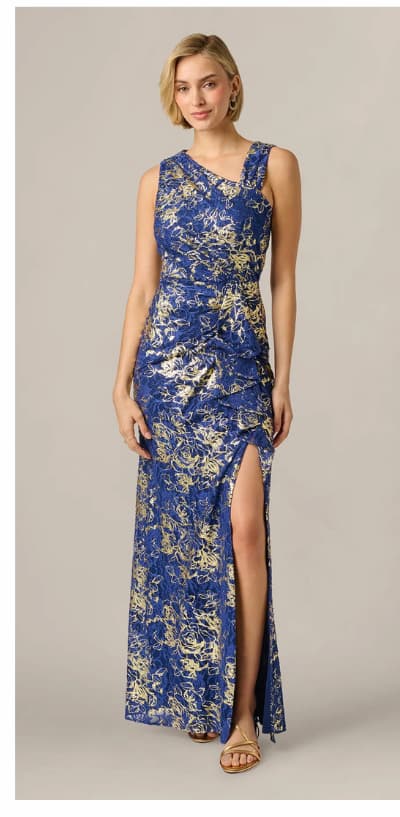 Asymmetrical Draped Stretch Metallic Lace Gown In Navy Gold