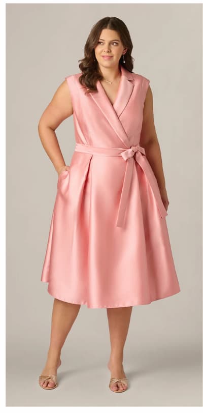 Plus Size Mikado Lapel Belted Midi Dress In Apricot Ice