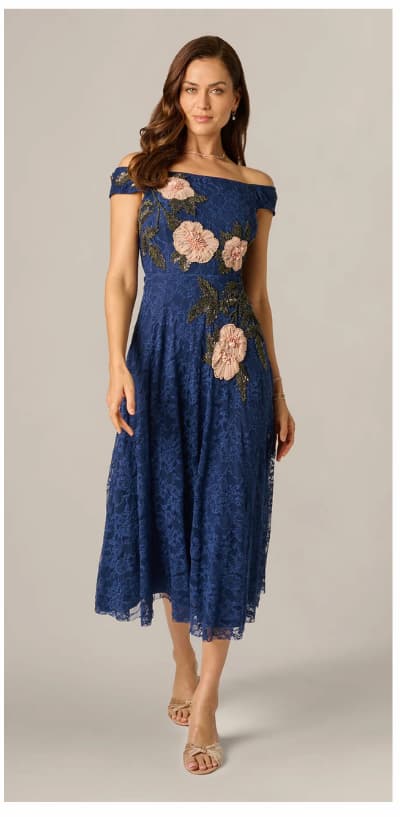 Off Shoulder Beaded Floral Lace Midi Dress In Navy Blush