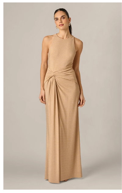 Metallic Stretch Knit Draped Gown In Light Gold