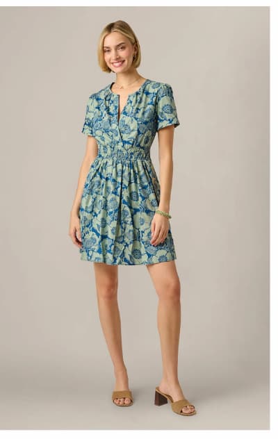 Short Sleeve Printed Cotton Sophia Dress In Navy Sage