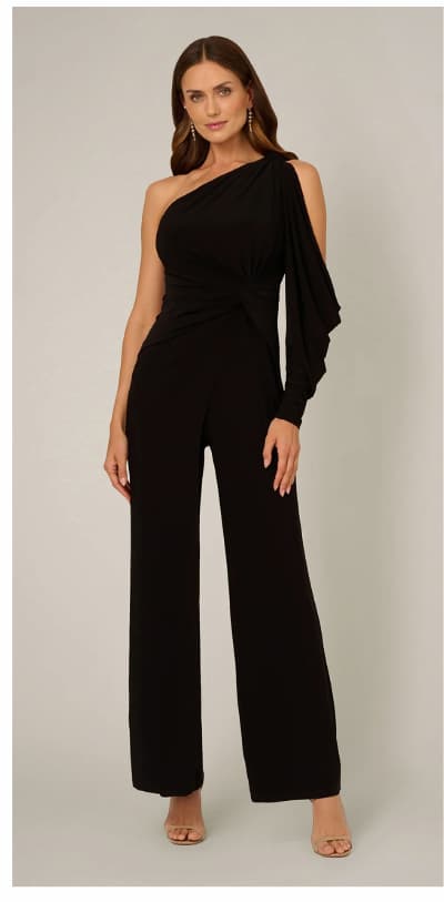 One Shoulder Split Sleeve Jersey Jumpsuit In Black