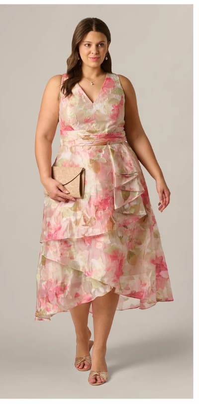 Plus Size Floral Organza Cascade High Low Midi Dress In Sage Multi