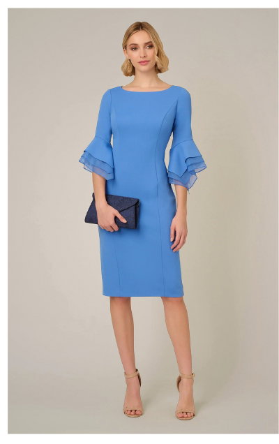 Knit Crepe Sheath Dress With Tiered Three Quarter Sleeves In Cool Water