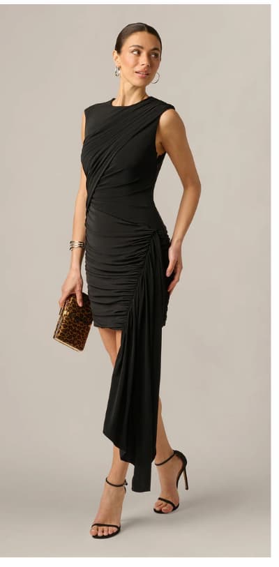 Stretch Jersey Asymmetrical Draped Mini Dress In Black