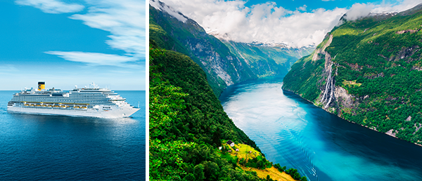 Bild-Collage: Außenansicht Costa Diadema, hohe Berge mit Wasserfällen in einem Fjord.