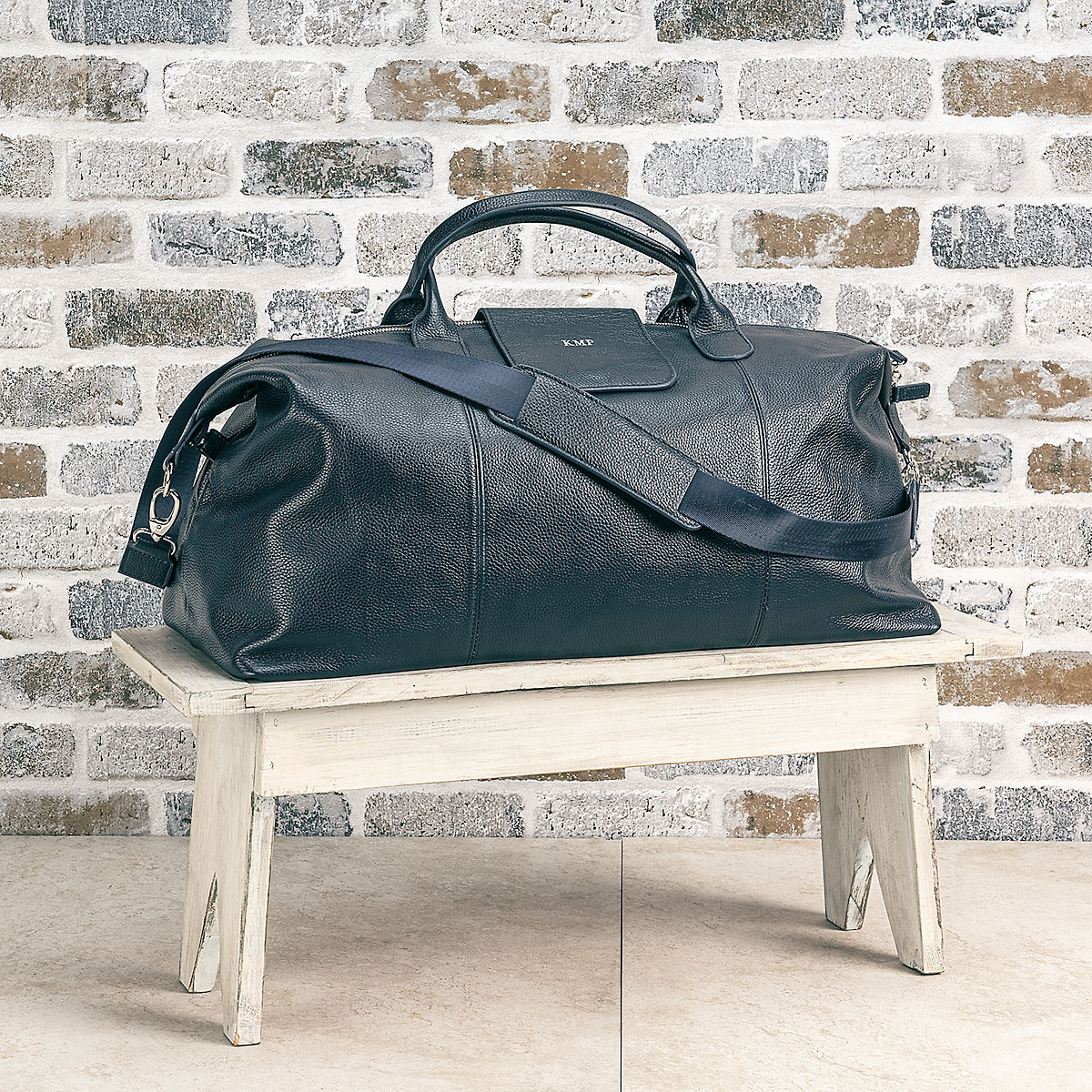 Image of Navy Genuine Leather Monogrammed Duffel Bag