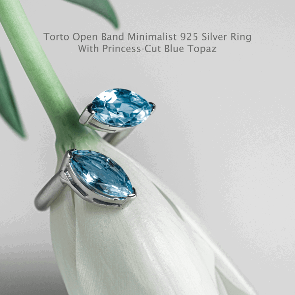 Torto Open Band Minimalist 925 Silver Ringwith Princess-Cut Blue Topaz