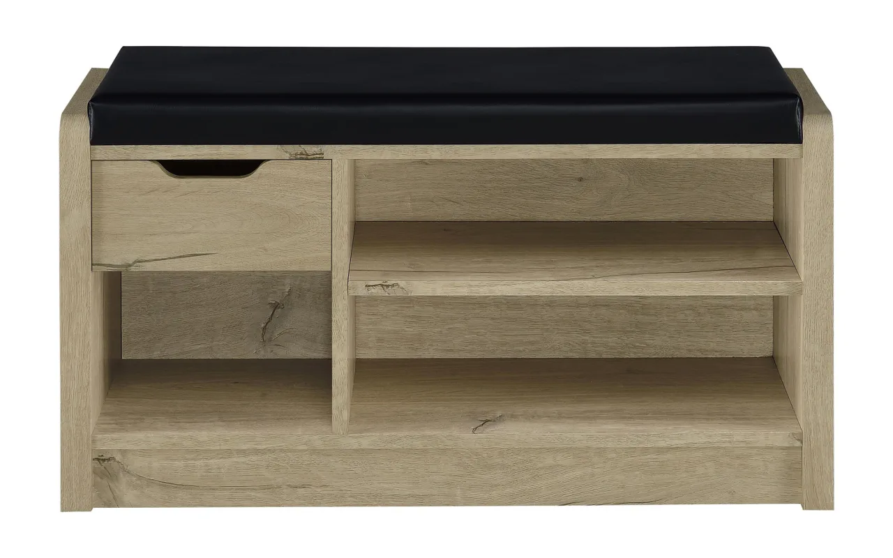 Nora White Oak & Black Faux Leather Storage Bench