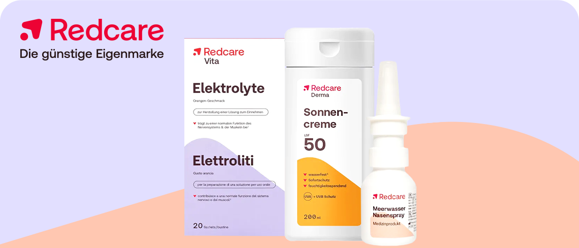 Redcare Produkte für die Reiseapotheke: Elektrolyte, Sonnencreme SPF 50 und Meerwasser-Nasenspray.
