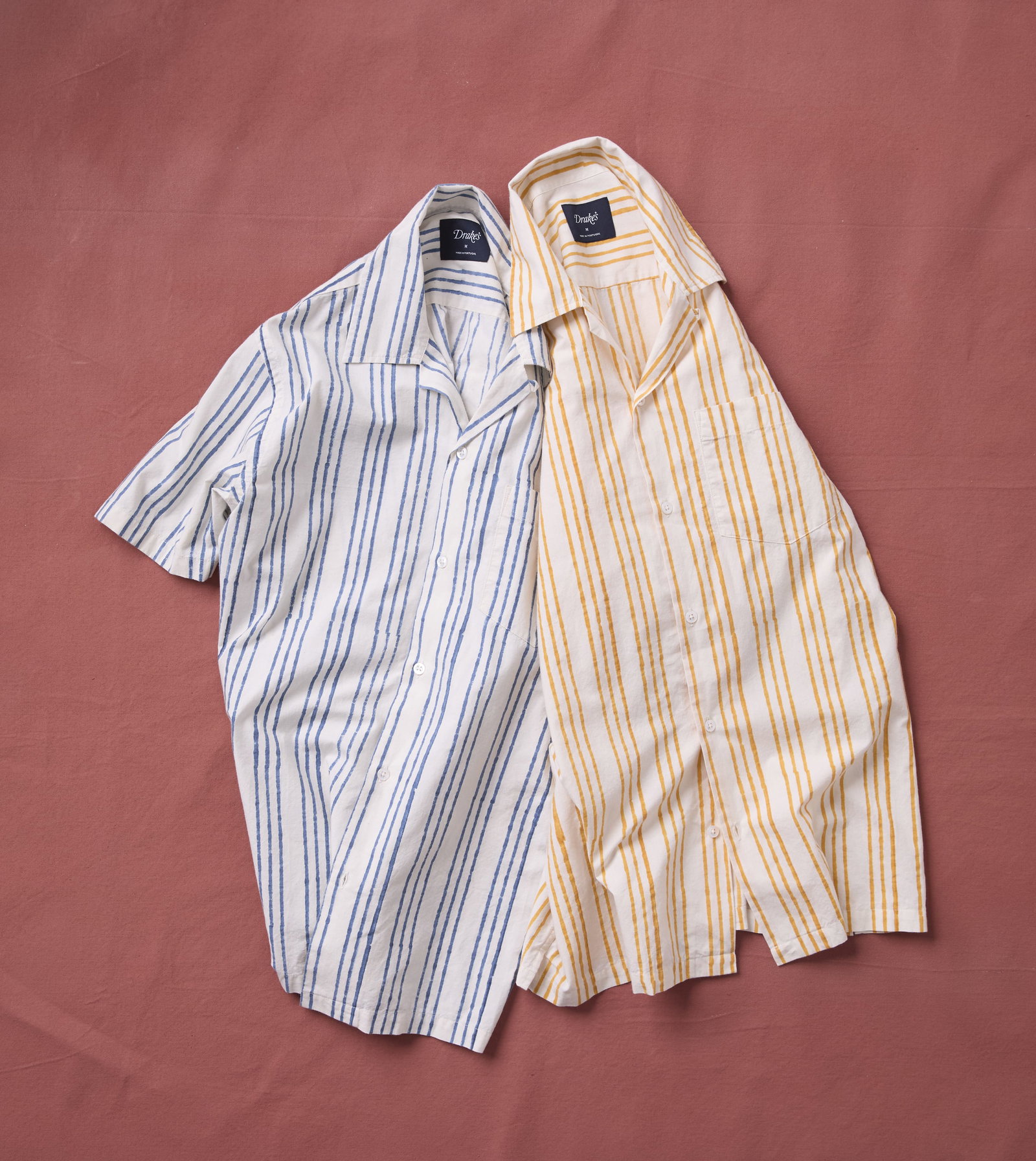Image of Indigo Triple Stripe Block Print Cotton Camp Collar Short Sleeve Shirt