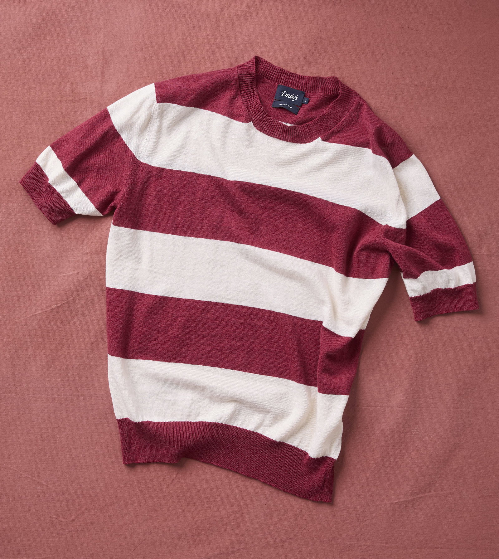 Image of Ecru and Burgundy Stripe Crew Neck Knitted T-Shirt