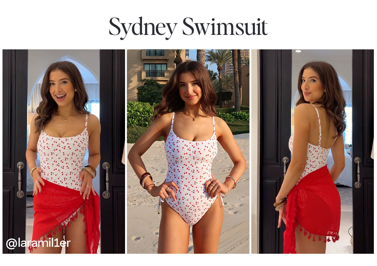 Lara Miller wears Sydney swimsuit in cherry print.