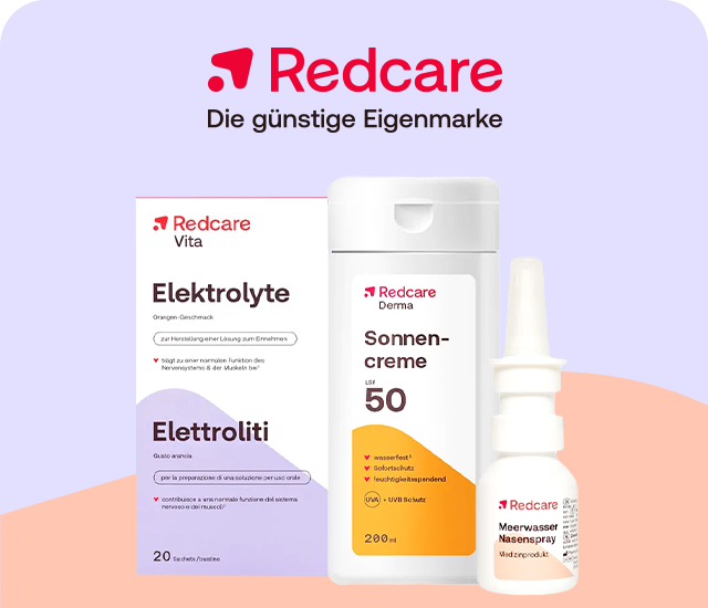 Redcare Produkte für die Reiseapotheke: Elektrolyte, Sonnencreme SPF 50 und Meerwasser-Nasenspray.