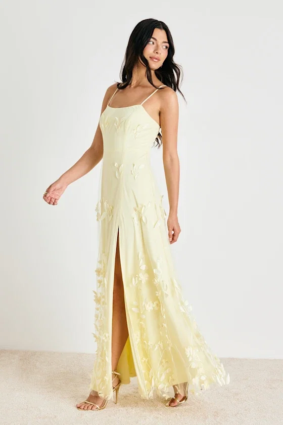 Image of Abundant Charm Pale Yellow 3D Floral Applique Maxi Dress