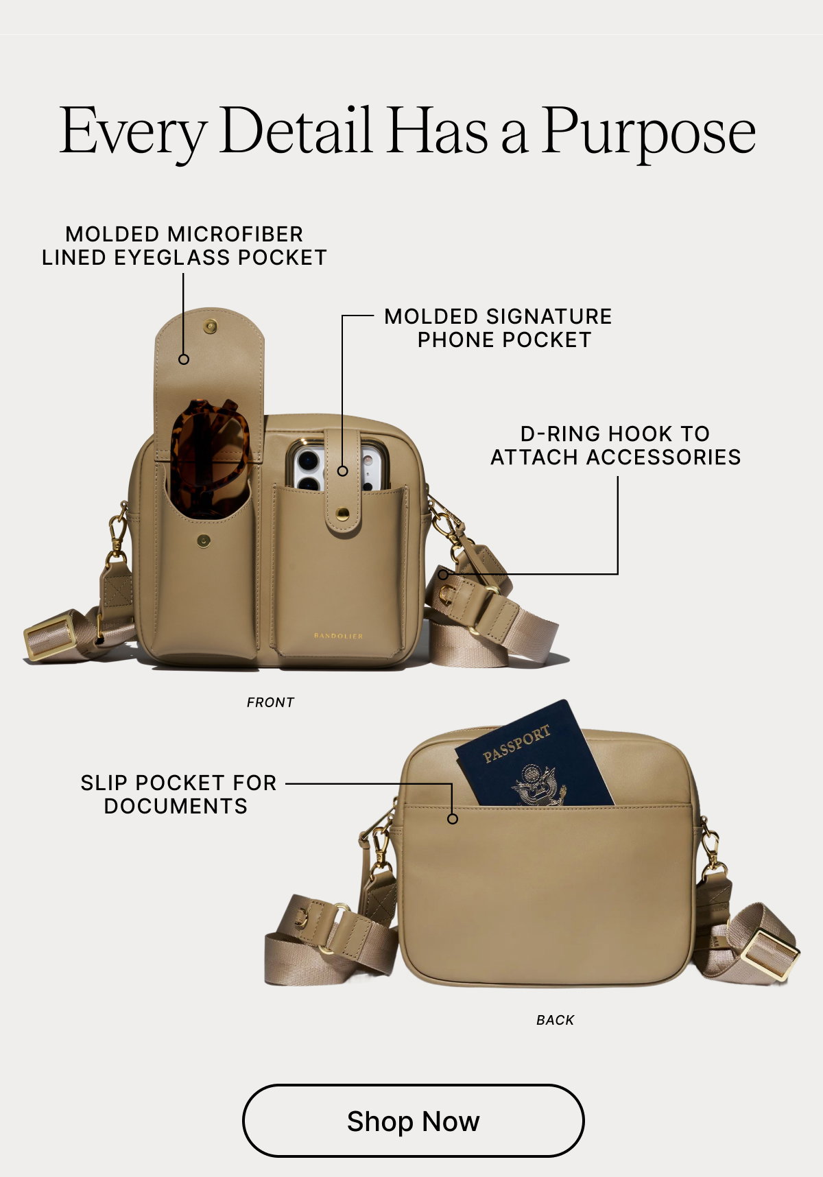 Every Detail Has a Purpose MOLDED MICROFIBERB LINED EYEGLASS POCKET MOLDED SIGNATURE PHONE POCKET D-RING HOOK TO ATTACH ACCESSORIES FRONT SLIP POCKET FOR DOCUMENTS BACK Shop Now