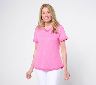 Belle by Kim Gravel Slub Knit V-Neck Top with Fringe Trim