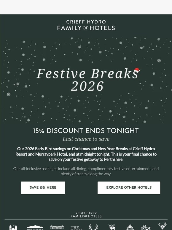 15% off Festive Breaks ends tonight