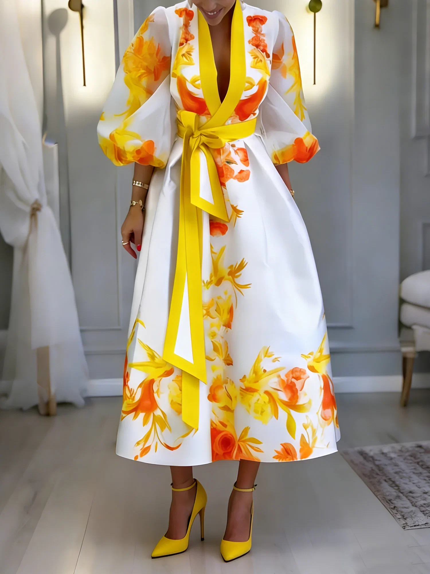 Image of Elegant Floral Balloon Sleeve Printing Stand Collar Midi Dress With Belt