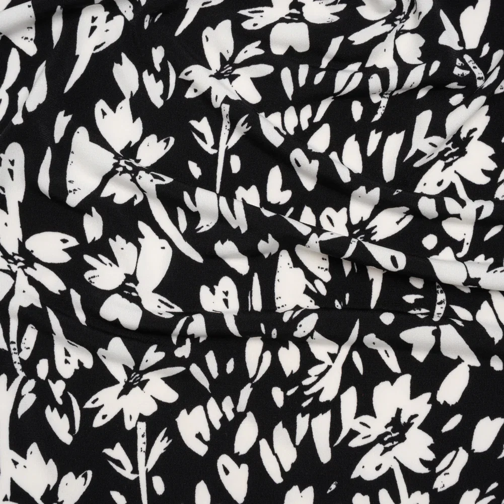 Image of Stretch Polyester Jersey - Black and White Easy Florals - Designer Deadstock