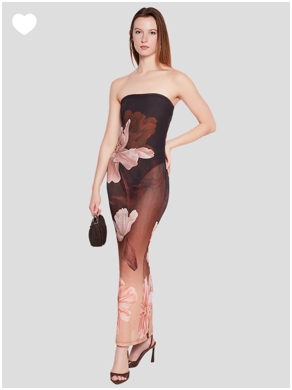 Shop Floral Mesh Strapless Maxi Dress with Built-In Bodysuit