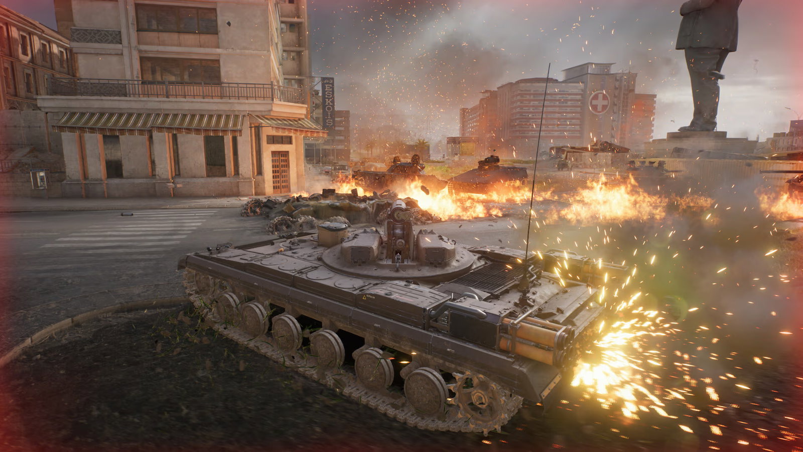 Screenshot from World of Tanks: HEAT showing a tank engaging in a firefight with other tanks in a city centre. Sparks are flying and many enemy tanks are totalled and on fire.
