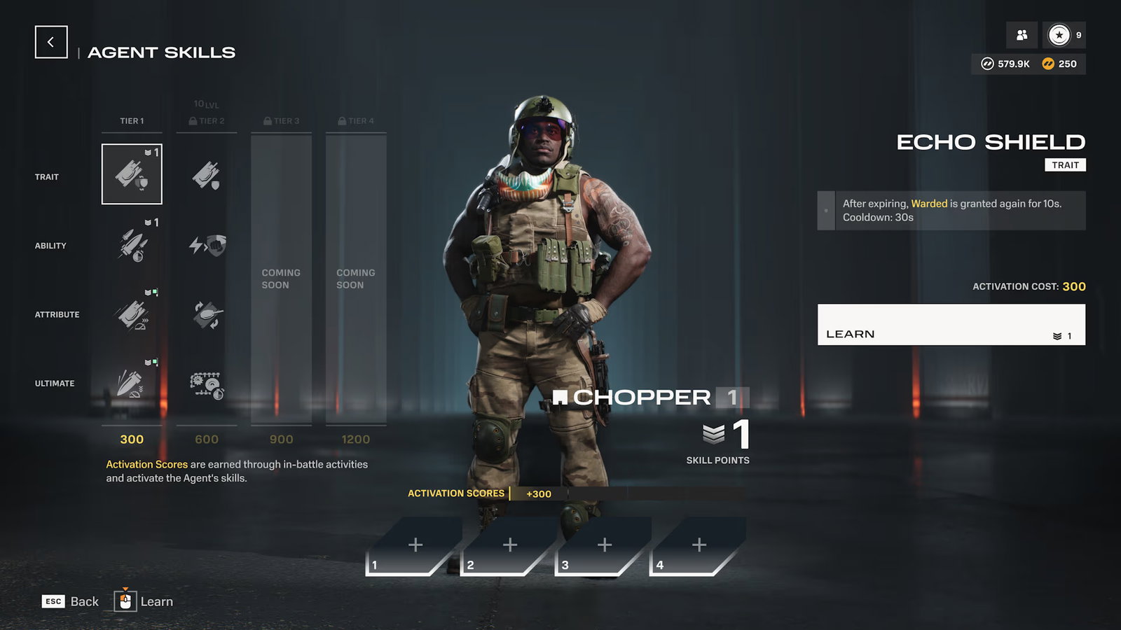 Screenshot from World of Tanks: HEAT showing 1 of the agents, Chopper, and the skills he can learn to change your gameplay, including an Echo Shield which Wards your tank.
