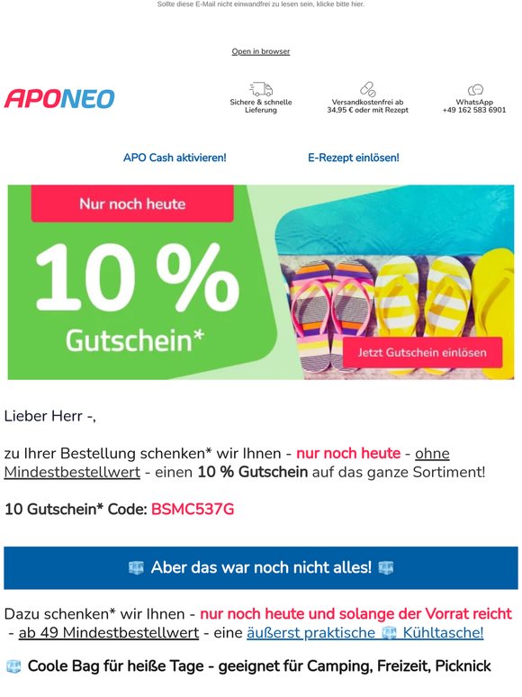 🌞 10 % Gutschein* ohne Mindestbestellwert + gratis* Kühltasche - exklusiv für Sie! 🧊