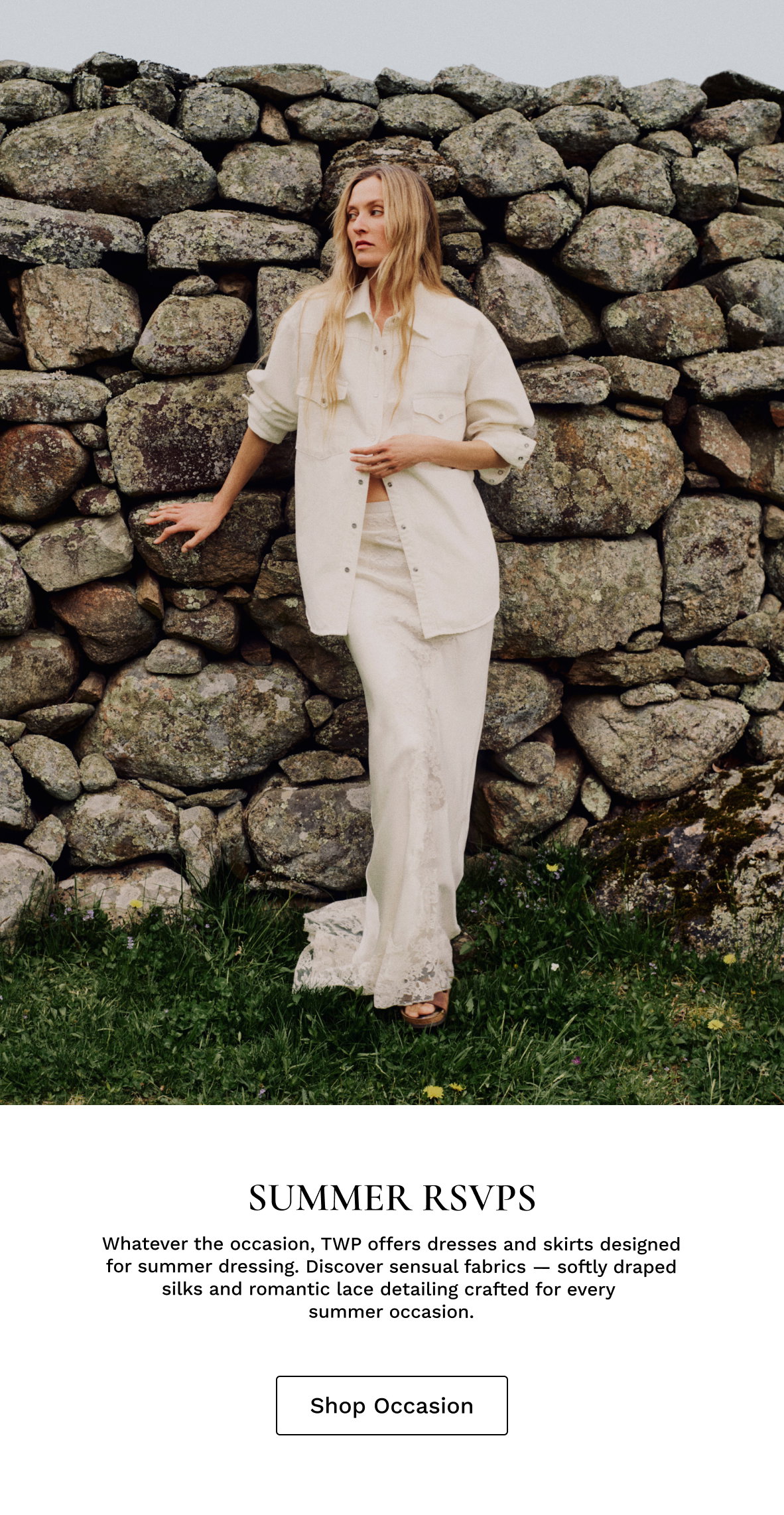 Image of a model in a white outfit outside with black text beneath.