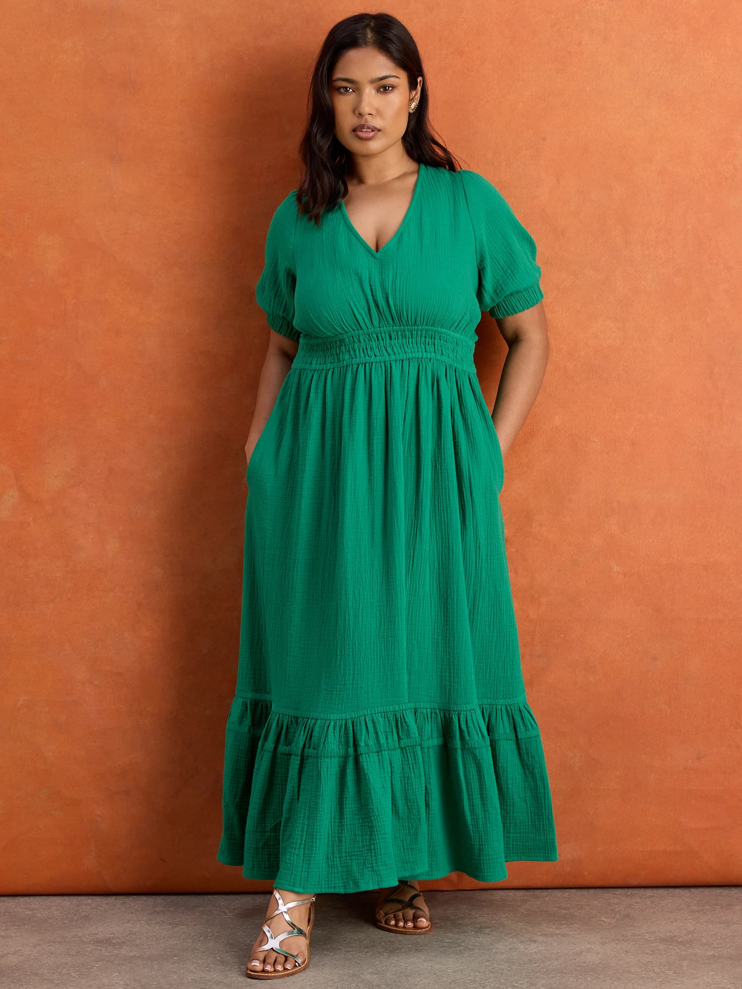 Green Cheesecloth V Neck Maxi Dress