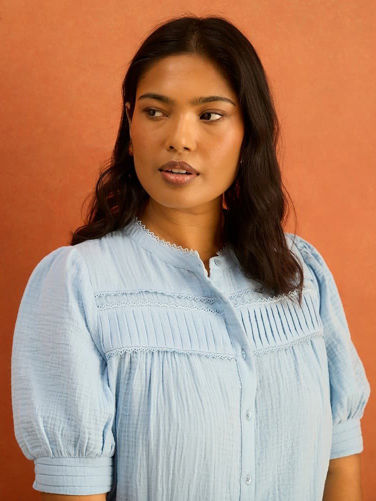 Blue Cheesecloth Pintuck Detail Short Sleeve Blouse