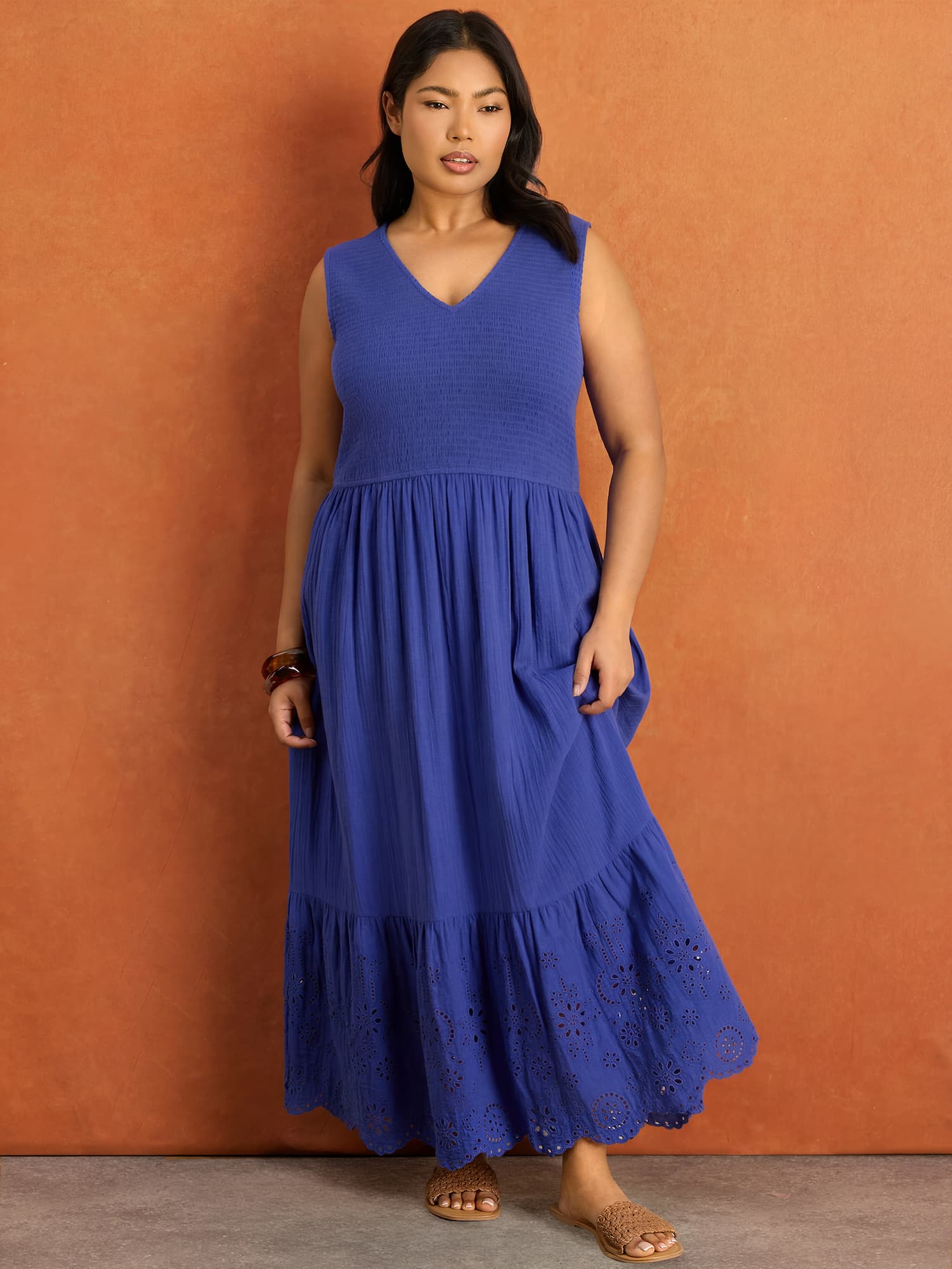 Blue Cheesecloth Shirred Bodice Broderie Hem Maxi Dress