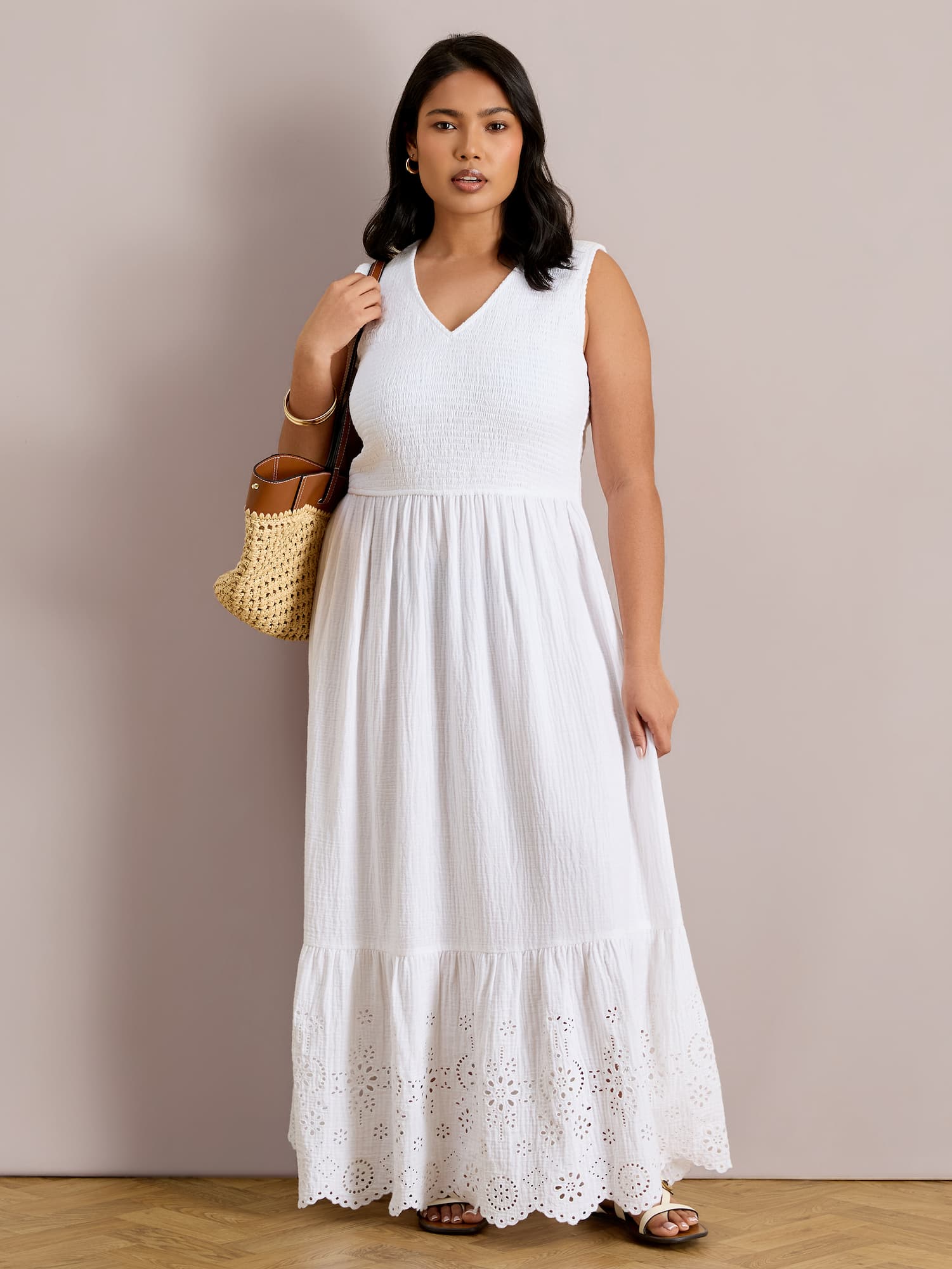 White Cheesecloth Shirred Bodice Broderie Hem Maxi Dress