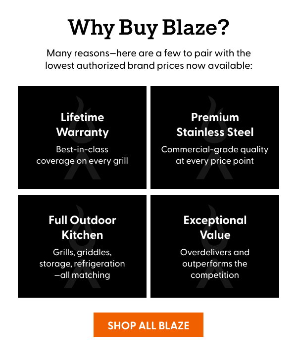Why Buy Blaze? Lifetime Warranty, Premium Stainless Steel, Full Outdoor Kitchen, Exceptional Value