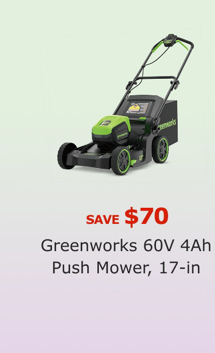 SAVE $70. Greenworks 60V 4Ah Push Mower, 17-in.