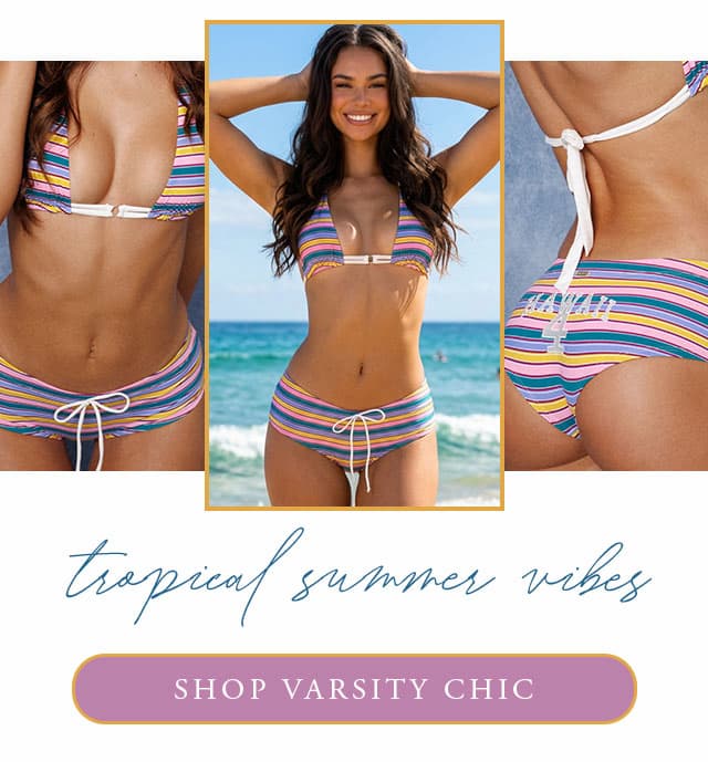 Tropical summer vibes in striped swimwear. Shop Varsity Chic. 