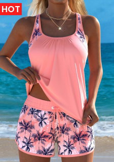 ROTITA Dusty Pink Patchwork Tropical Plants Print Tankini Set