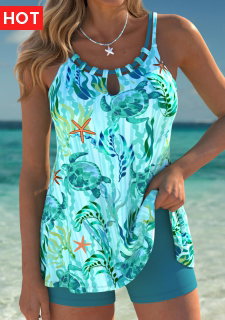 ROTITA Tummy Coverage Cyan Marine Life Print Tankini Set