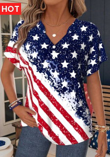 ROTITA American Flag Tummy Coverage Red Split Neck T Shirt