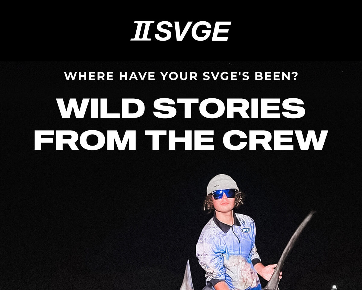 Two Svge logo in white text on black background with tagline about wild stories from the crew