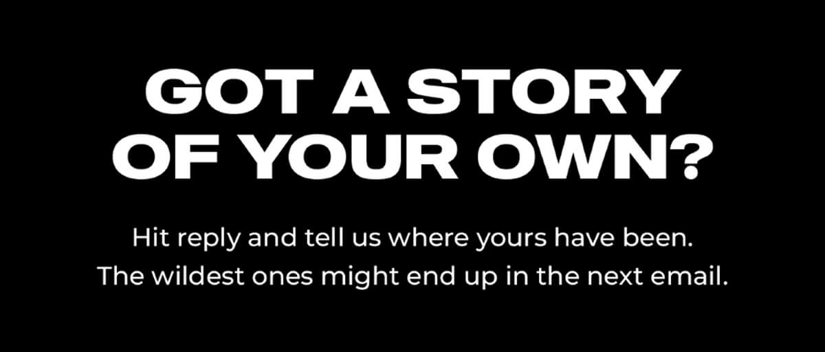 White text on black background asking for customer stories with reply instructions