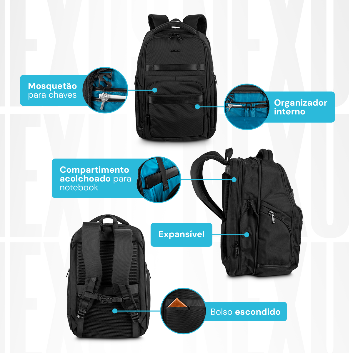 Mais atributos da NEXUS: Mosquetão para chaves, organizador interno, compartimento acolchoado para notebook, expansível, bolso escondido e mais.